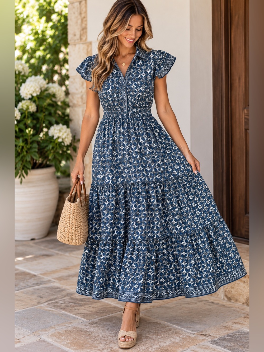 Max Studio Navy Blue Floral Tiered Maxi Dress